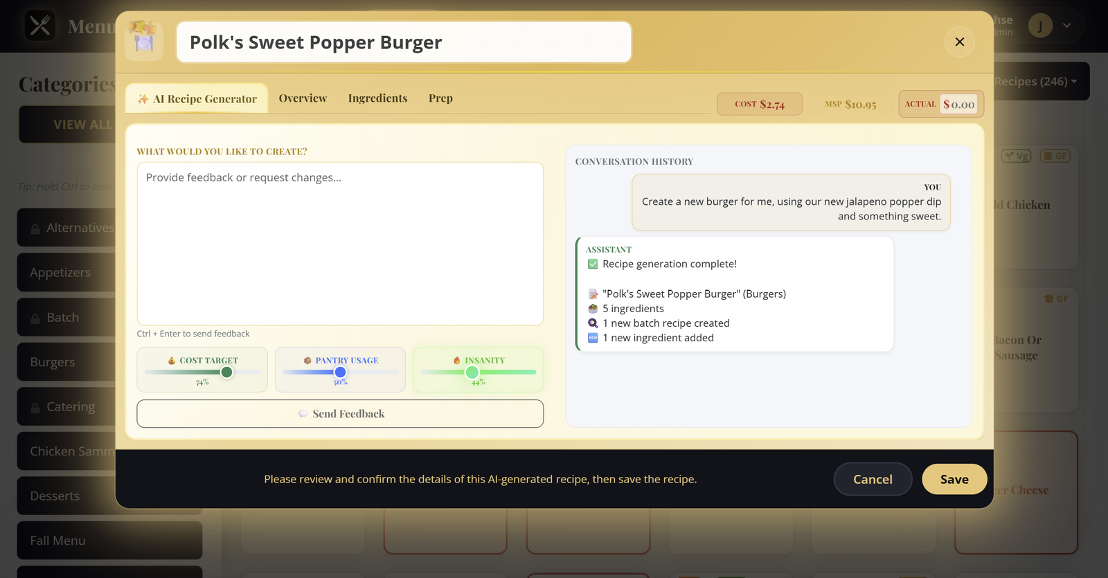 MenuForge AI adding nested batch recipes to a draft