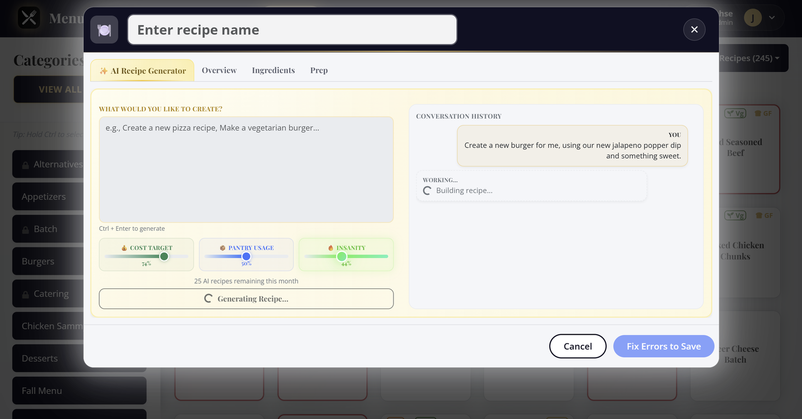 MenuForge AI recipe generator with cost, pantry, and creativity sliders