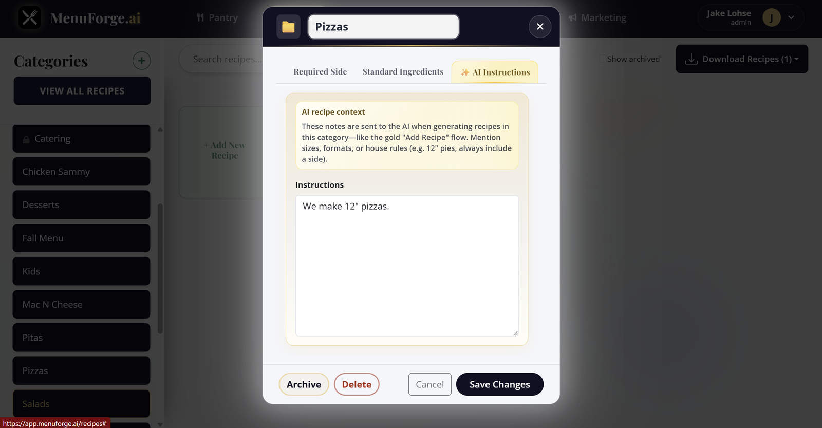 Category instructions saved for AI recipe generation.