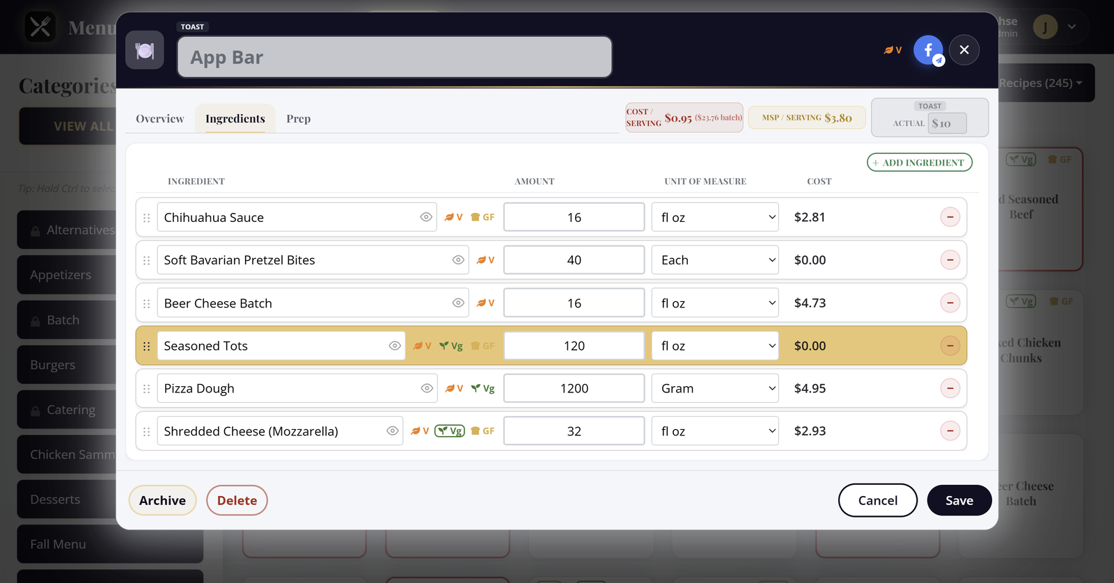 MenuForge catering recipe showing cost per serving for 25 guests