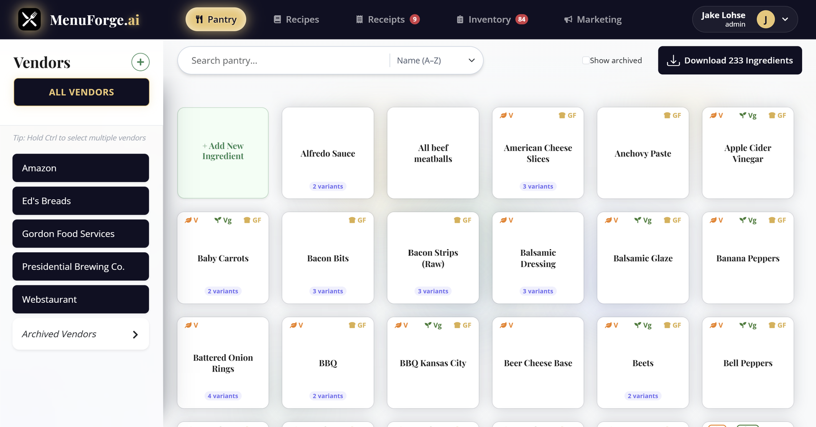Pantry grid with vendor filters, dietary flags on ingredients, and vendor variants.