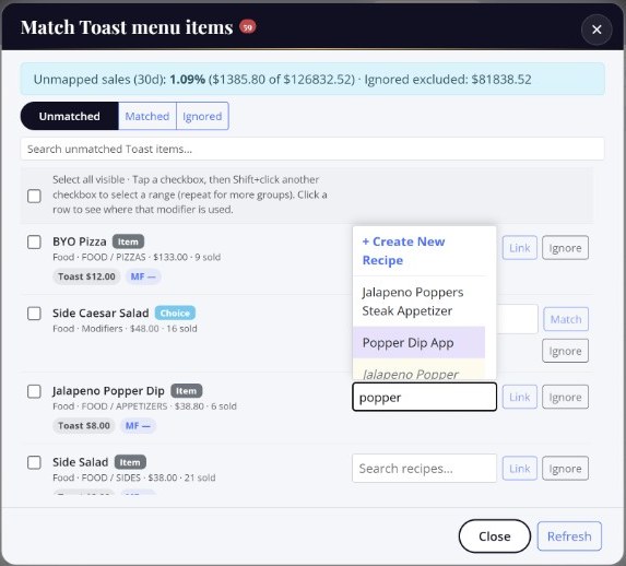 MenuForge match screen linking Toast menu items like Jalapeno Popper Dip to MenuForge recipes, with unmapped sales shown at the top