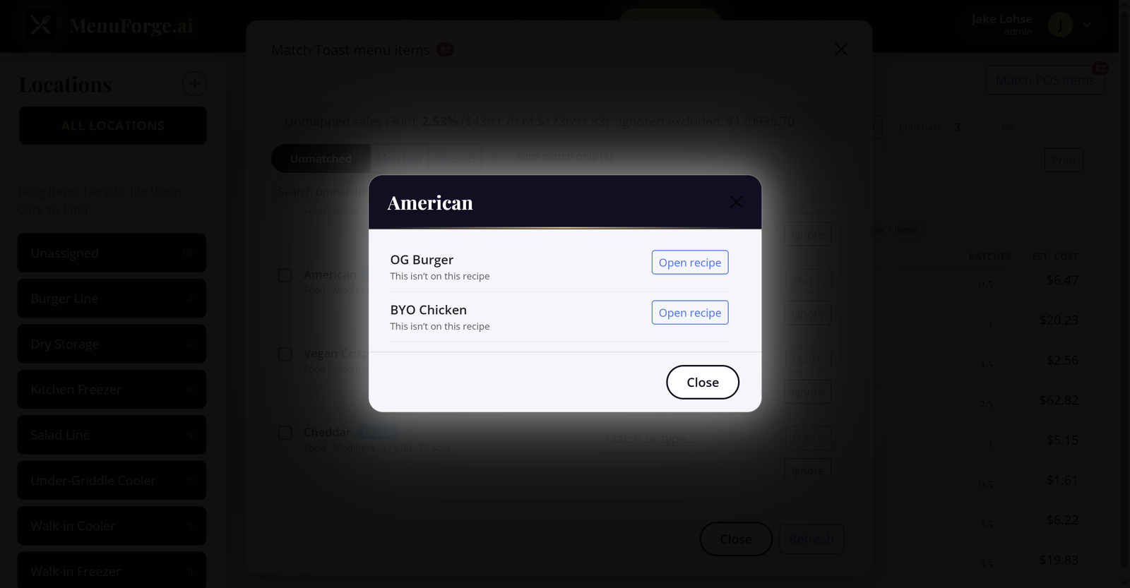 MenuForge showing which dishes a POS modifier sells on