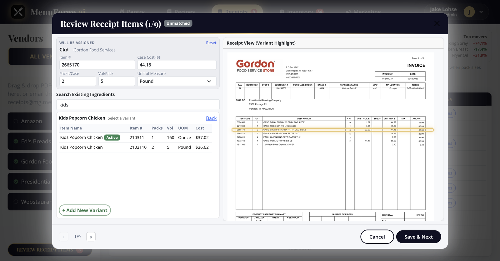 MenuForge matching invoice lines to pantry ingredients