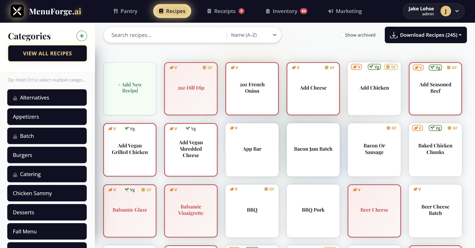 MenuForge recipe grid with dietary flags on each recipe card