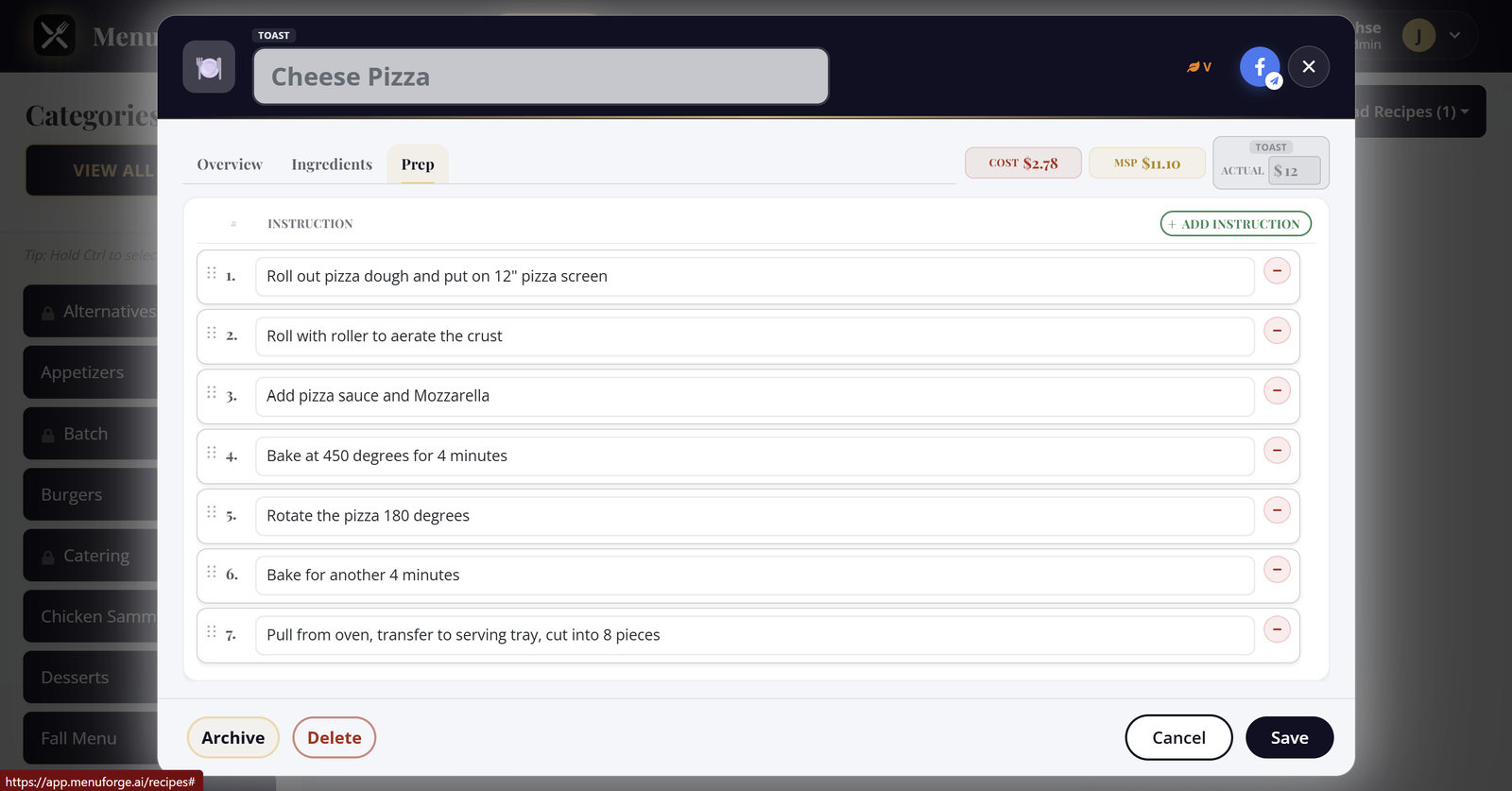 MenuForge recipe with live plate cost, prep steps, and POS sales