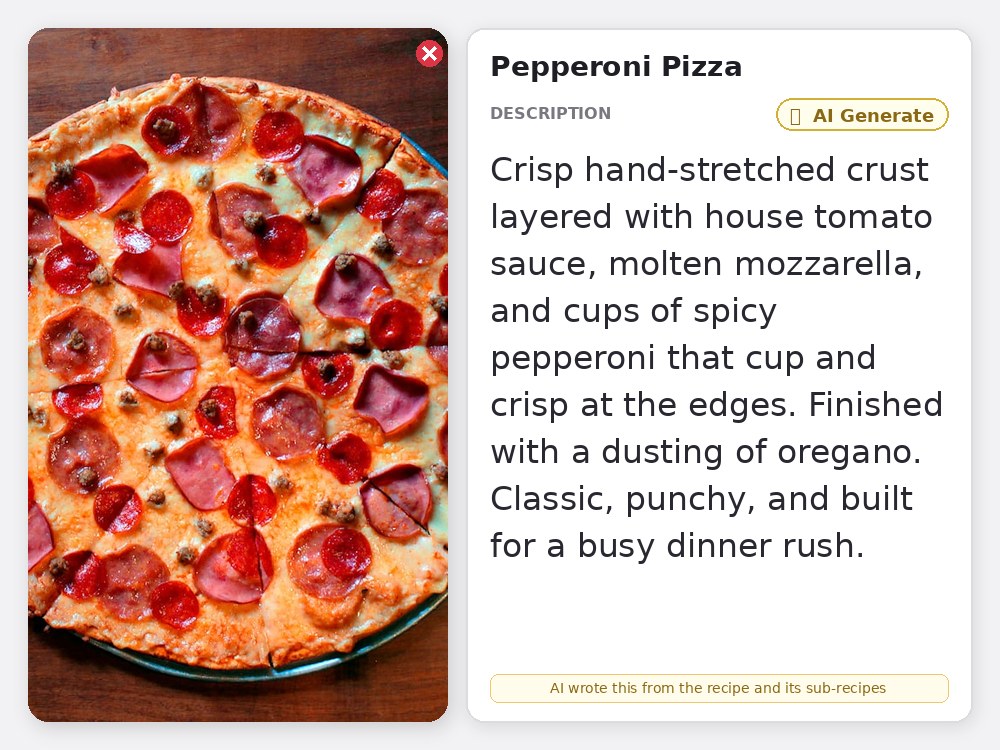 MenuForge recipe modal with dish photo and AI Generate filling the menu description