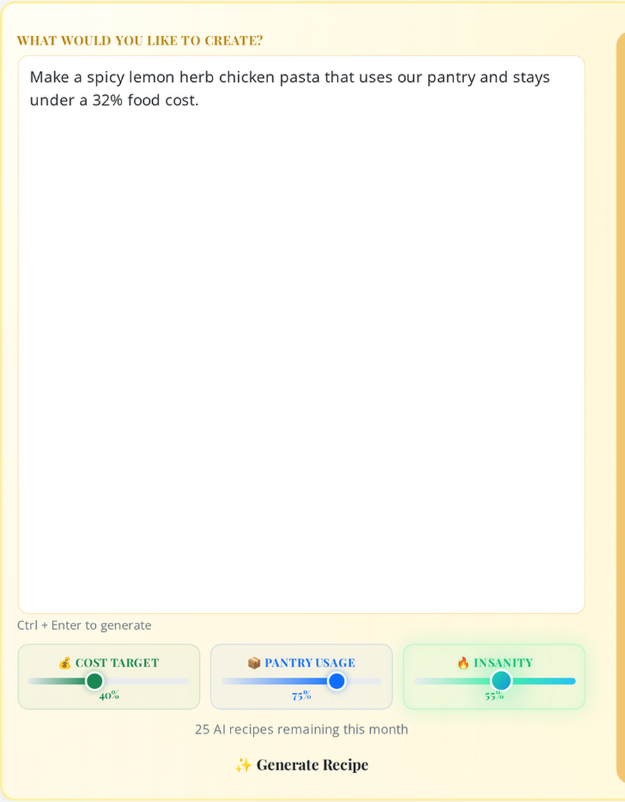 MenuForge AI recipe generator with a prompt describing spicy lemon herb chicken pasta