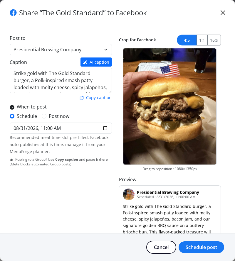 MenuForge social media composer with AI caption and recipe photo