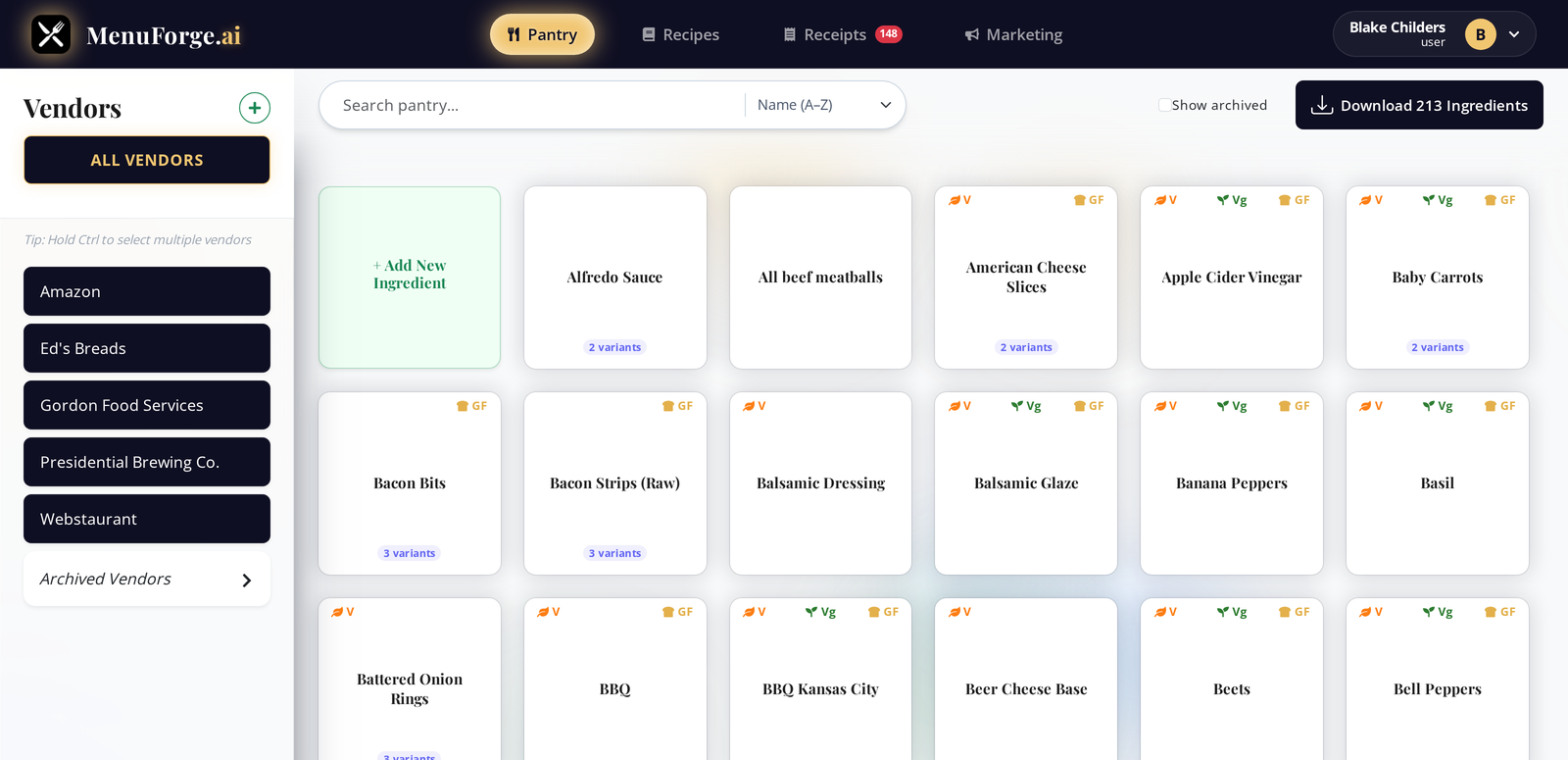 MenuForge pantry with vendor sidebar and ingredient variants