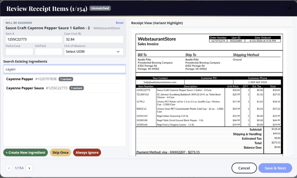 MenuForge receipt review matching invoice line items to ingredients
