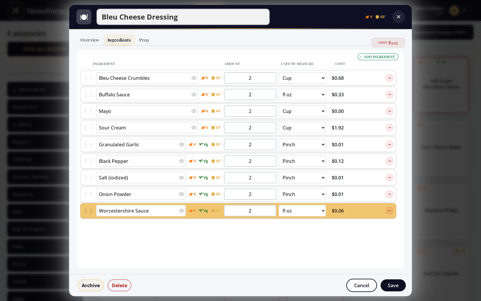MenuForge recipe editor showing per-ingredient costs and plate cost