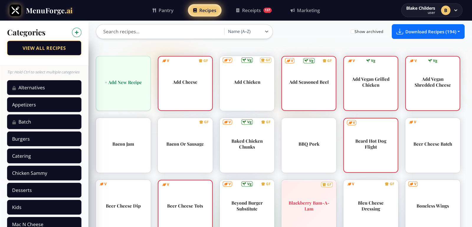 MenuForge recipe grid with category sidebar, dietary flags, and color coded status